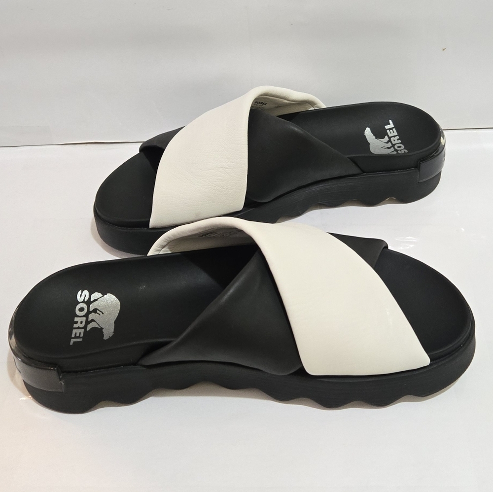 Sorel VIIBE‎ Soft Leather Platform Slide Sandals Black White - Picture 5 of 7